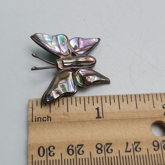 Vintage Abalone Butterfly Brooch Pin Silver Tone Mexico Artisan Jewelry 1.25 Inc - Picture 5 of 5